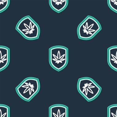 Çizgi kalkanı ve marihuana ya da kenevir yaprağı ikonu siyah arka planda izole edilmiş. Marihuanayı yasallaştırma. Kenevir sembolü. Vektör