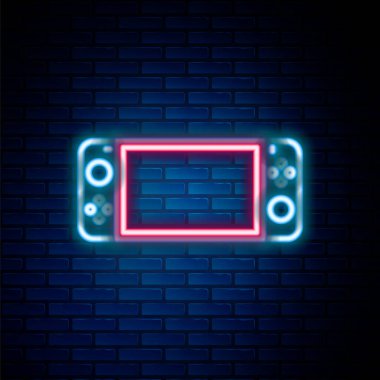 Parlayan neon hattı taşınabilir oyun konsolu simgesi tuğla duvar arka planında izole edildi. Av alanı tabelası. Oyun konsepti. Renkli taslak konsepti. Vektör