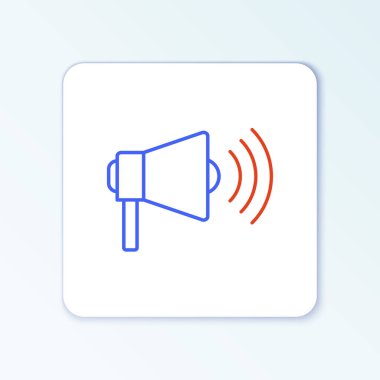 Beyaz arkaplanda Hat Megafonu simgesi izole edildi. Yüksek sesle konuşma uyarısı. Ağızlık için megafon, terfi diye bağırıyor. Renkli taslak konsepti. Vektör