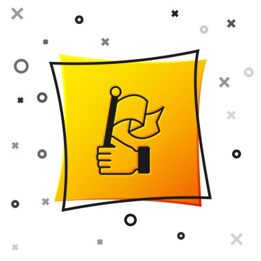 Siyah El 'in elinde beyaz arka planda izole edilmiş bayrak simgesi var. Zafer, kazanmak ve zorluk konseptini fethetmek. Sarı kare düğme. Vektör