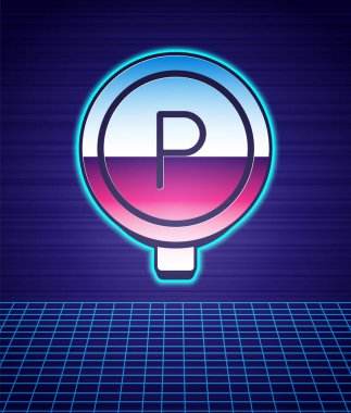 Retro tarzı park ikonu, gelecekten izole edilmiş manzara arka planı. Sokak tabelası. 80 'lerin moda partisi. Vektör