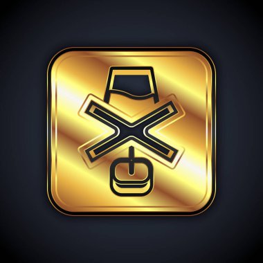 Altın. Siyah arkaplanda alkol ikonu yok. Alkol içmeyi yasaklıyorum. Bira şişesi camlı yasak sembol. Vektör