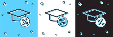 Mezuniyet şapkası ve madeni para simgesini mavi ve beyaz, siyah arkaplanda izole et. Eğitim ve para. Burs, kredi, harç ya da öğrenim ücreti kavramı. Vektör