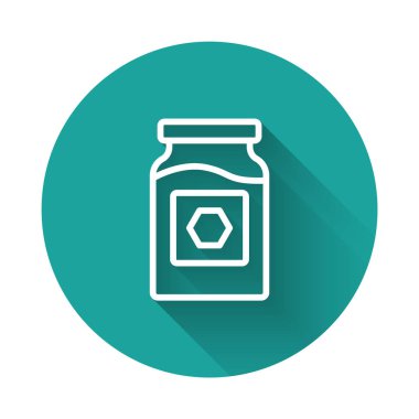 Beyaz çizgi kavanoz bal ikonu uzun gölge arkaplan izole. Yiyecek bankası. Tatlı doğal gıda sembolü. Yeşil daire düğmesi. Vektör