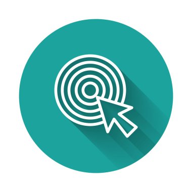 Beyaz çizgi Hedefi ok simgesi ile izole edilmiş uzun gölge arkaplan. Dart tahtası işareti. Okçuluk tahtası simgesi. Dartboard işareti. İş hedefi kavramı. Yeşil daire düğmesi. Vektör