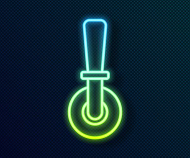 Parlayan neon hattı pizza bıçağı ikonu siyah arka planda izole edildi. Pizza kesme tabelası. Çelik mutfak gereçleri. Vektör