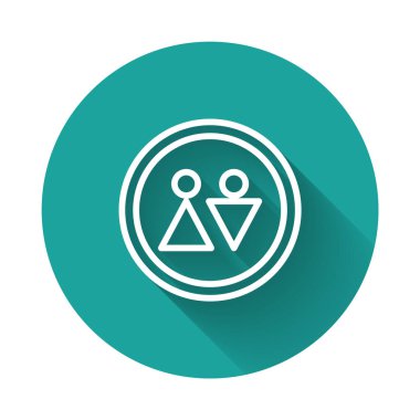 Beyaz çizgi tuvalet ikonu uzun gölge arkaplanı ile izole edilmiş. Tuvalet tabelası. Lavaboda. Yeşil daire düğmesi. Vektör