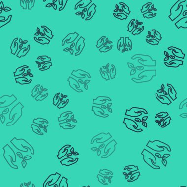 Çevre koruma ikonunun elindeki kara çizgi bitkisi yeşil arka planda izole edilmiş pürüzsüz desen. Tohum ve tohum. Fidan dikiyorum. Ekoloji konsepti. Vektör