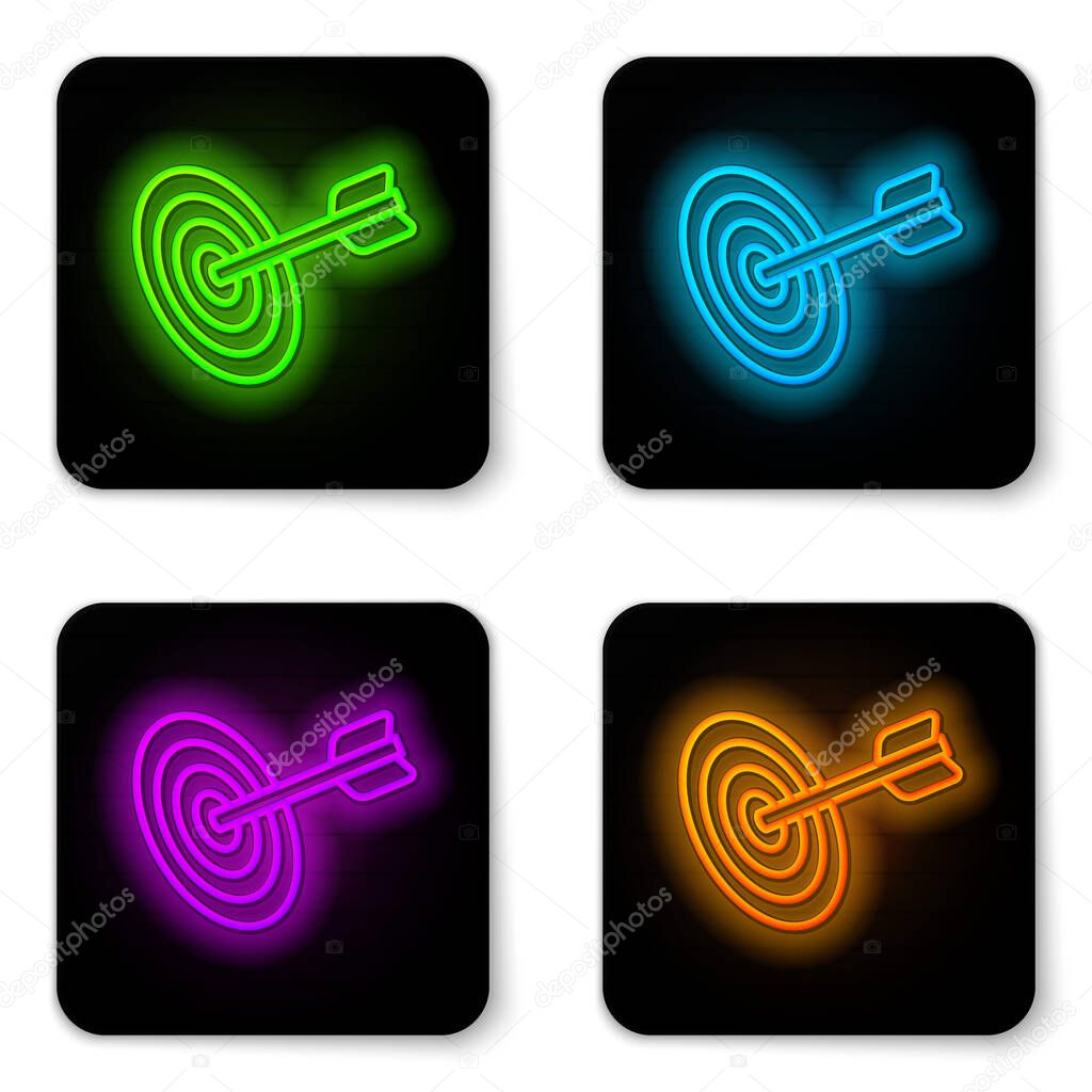 Glowing neon line Target financial goal concept icon isolated on white background. Symbolic goals achievement, success. Black square button. Vector