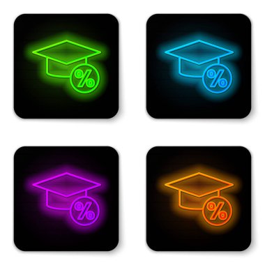 Parlak neon çizgisi mezuniyet şapkası ve para simgesi beyaz arka planda izole edilmiş. Eğitim ve para. Burs, kredi, harç ya da öğrenim ücreti kavramı. Siyah kare düğme. Vektör