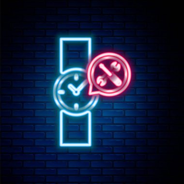 Duvarda izole edilmiş, tornavida ve anahtar ikonlu parlak neon çizgili bilek saati. Ayarlama, servis, ayar, bakım, onarım, onarım. Renkli taslak konsepti. Vektör