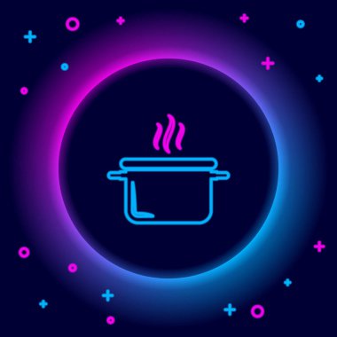 Parlayan neon hattı siyah arka planda izole edilmiş tencere pişirme ikonu. Haşlama ya da güveç besin sembolü. Renkli taslak konsepti. Vektör