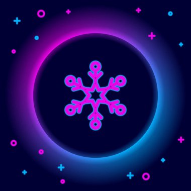 Parlayan neon hattı Kar Tanesi simgesi siyah arkaplanda izole edildi. Renkli taslak konsepti. Vektör