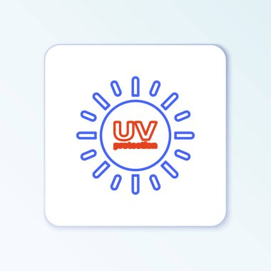 Beyaz arkaplanda izole edilmiş çizgi UV koruma simgesi. Ultra menekşe ışınları radyasyon. SPF güneş işareti. Renkli taslak konsepti. Vektör