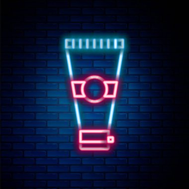 Parlayan neon hattı kremi ya da losyon kozmetik tüp ikonu tuğla duvar arka planında izole edilmiş. Kadınlar için vücut bakım ürünleri. Renkli taslak konsepti. Vektör