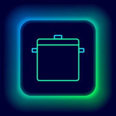 Parlayan neon hattı siyah arka planda izole edilmiş tencere pişirme ikonu. Haşlama ya da güveç besin sembolü. Renkli taslak konsepti. Vektör