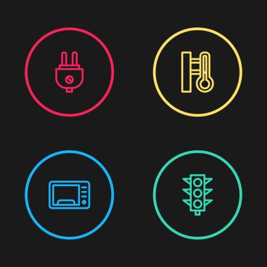 Hattı mikrodalga fırın, trafik ışığı, Meteoroloji termometresi ve elektrik prizi ikonu olarak ayarla. Vektör