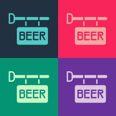 Renkli arka planda izole edilmiş bira ikonu yazılı Pop Art Street tabelası. Reklamlar için uygun bar, kafe, bar, restoran. Vektör