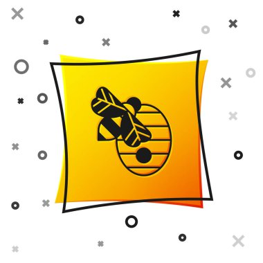 Beyaz arka planda izole edilmiş arılar için Siyah Kovan. Arı kovanı sembolü. Apiary ve arı yetiştiriciliği. Tatlı doğal yemek. Sarı kare düğme. Vektör