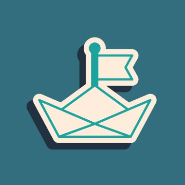 Yeşil katlanmış kağıt tekne simgesi yeşil arka planda izole edildi. Origami kağıt gemisi. Uzun gölge tarzı. Vektör
