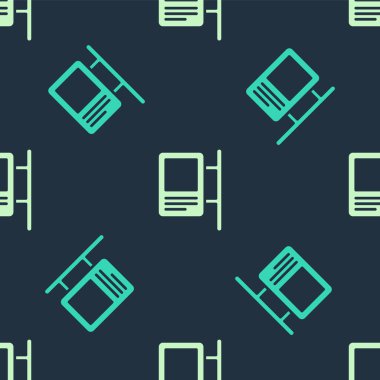 Yeşil ve bej yol trafik levhası. İşaret direği simgesi mavi arkaplanda izole edilmiş kusursuz desen. İşaretçi sembolü. İzole sokak bilgi levhası. Yön tabelası. Vektör