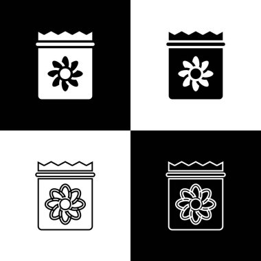 Siyah ve beyaz arkaplanda izole edilmiş özel bir bitki simgesinin tohumlarıyla dolu paketi hazırla. Vektör