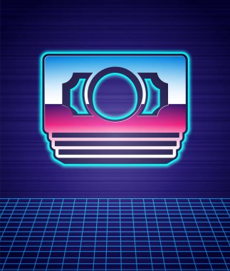 Retro Stacks kağıt para ikonu izole fütüristik manzara arka planı. Para desteleri. Para birimi. 80 'lerin moda partisi. Vektör