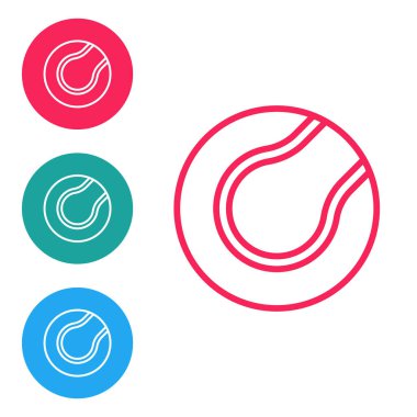 Kırmızı çizgi tenis topu ikonu beyaz arkaplanda izole edildi. Spor malzemeleri. Simgeleri daire düğmelerine ayır. Vektör