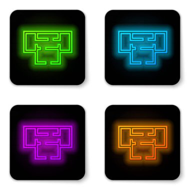 Parlayan neon hattı ev planı simgesi beyaz arkaplanda izole edildi. Siyah kare düğme. Vektör