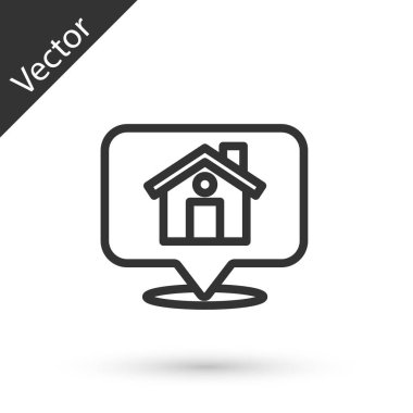 Beyaz zemin üzerinde ev simgesi olan gri çizgi haritası işaretçisi. Ev konumu belirleyici sembol. Vektör