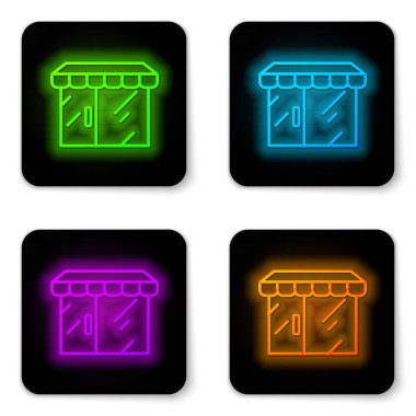 Parlayan neon hattı alışveriş binası veya market simgesi beyaz arka planda izole edildi. Dükkan inşaatı. Siyah kare düğme. Vektör