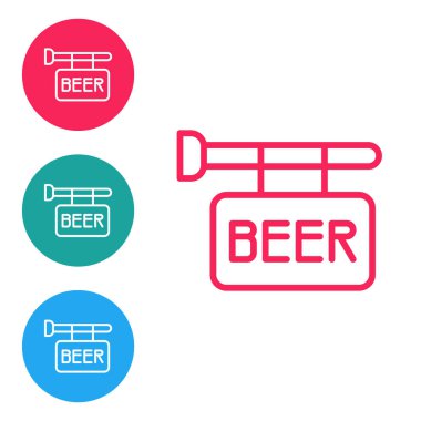 Beyaz arka planda izole edilmiş kırmızı çizgi sokak tabelasının üzerinde bira simgesi var. Reklamlar için uygun bar, kafe, bar, restoran. Simgeleri daire düğmelerine ayır. Vektör