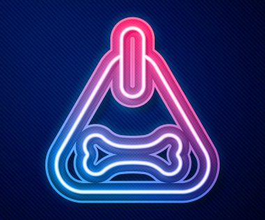 Mavi arka planda isim etiketi ve kemik plağı ikonu olan parlak neon çizgili köpek tasması. Evcil hayvan malzemeleri. Kedi köpek bakımı. Evcil köpek zincirleri. Vektör