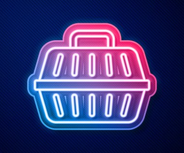 Parlayan neon hattı Pet çanta simgesi mavi arkaplanda izole edildi. Hayvanlar, köpekler ve kediler için taşıyıcı. Hayvanlar için konteynır. Hayvan taşıma kutusu. Vektör