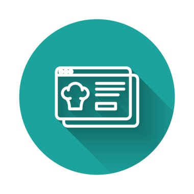 İnternetten sipariş edilen beyaz hat ve fast food dağıtım ikonu uzun gölgeli. Yeşil daire düğmesi. Vektör