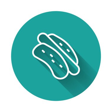 Beyaz çizgi Hotdog sandviç ikonu uzun gölge arkaplan izole. Sosis ikonu. Fast food burcu. Yeşil daire düğmesi. Vektör