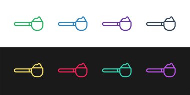 Siyah ve beyaz arkaplanda izole edilmiş un simgesi olan çizgi ölçme kabını ayarla. Pişirme malzemeleri. Sağlıklı organik yiyecekler. Hamur yemeği. Vektör