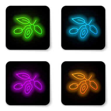 Parlayan neon hattı Tarih meyve simgesi beyaz arkaplanda izole edildi. Siyah kare düğme. Vektör