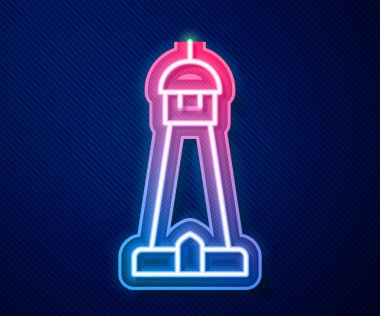 Parlayan neon hattı cami kulesi veya mavi arka planda izole edilmiş minare ikonu. Vektör