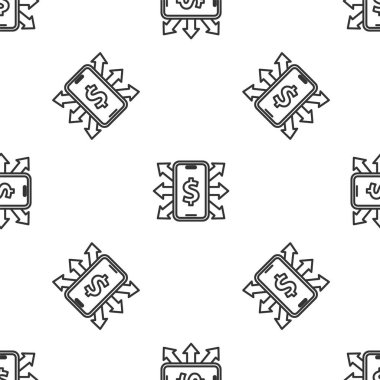 Dolar sembolü simgesi olan gri çizgi akıllı telefonu beyaz arka planda izole edilmiş kusursuz desen. İnternetten alışveriş konsepti. Finansal cep telefonu simgesi. Çevrimiçi ödeme. Vektör