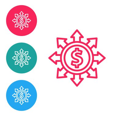 Kırmızı çizgi Dolar, paylaşım, ağ simgesi beyaz arkaplanda izole edildi. Simgeleri daire düğmelerine ayır. Vektör