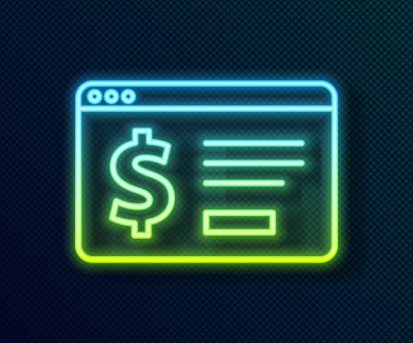 Parlayan neon hattı. Siyah arka planda dolar simgesi olan online bankacılık. Dünyanın her yerine para göndermek, para transferi, finansal işlemler. Vektör