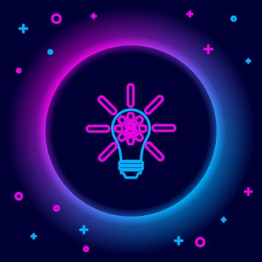 Parlak neon çizgili ampul, içinde ekipman ve dolar sembolü olan simge siyah arka planda izole edilmiş. Fintech yenilik konsepti. Renkli taslak konsepti. Vektör