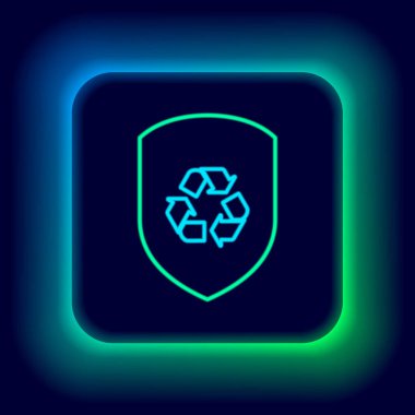 Parlayan neon hattı geri dönüşüm sembolü siyah arkaplanda izole edilmiş. Çevre koruma işareti. Renkli taslak konsepti. Vektör
