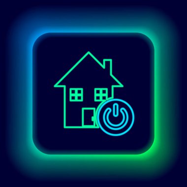 Parlayan neon hattı Akıllı ev simgesi siyah arkaplanda izole edildi. Uzaktan kumanda. Renkli taslak konsepti. Vektör