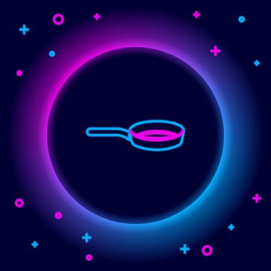 Parlayan neon hattı kızartma tavası simgesi siyah arkaplanda izole edildi. Kızartma veya kızartma gıda sembolü. Renkli taslak konsepti. Vektör