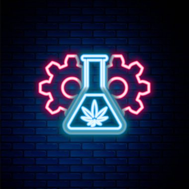 Duvarda marihuana ya da kenevir yaprağı ikonu bulunan parlak neon hattı test tüpü. Araştırma konsepti. Laboratuvar CBD yağ konsepti. Renkli taslak konsepti. Vektör