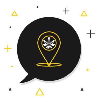 Çizgi haritası işaretleyici ve marihuana veya kenevir yaprağı ikonu beyaz arkaplanda izole edilmiş. Kenevir sembolü. Renkli taslak konsepti. Vektör