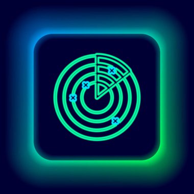 Siyah arkaplanda izole edilmiş bir simge arayışında hedefleri olan parlak neon hattı Radar. Askeri arama sistemi. Donanma sonarı. Renkli taslak konsepti. Vektör