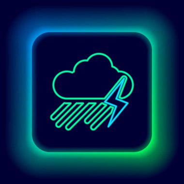 Siyah zemin üzerinde yağmur ve yıldırım simgesi olan parlayan neon hattı. Yağmur damlalı yağmur bulutu yağışı. Fırtına ikonu. Renkli taslak konsepti. Vektör